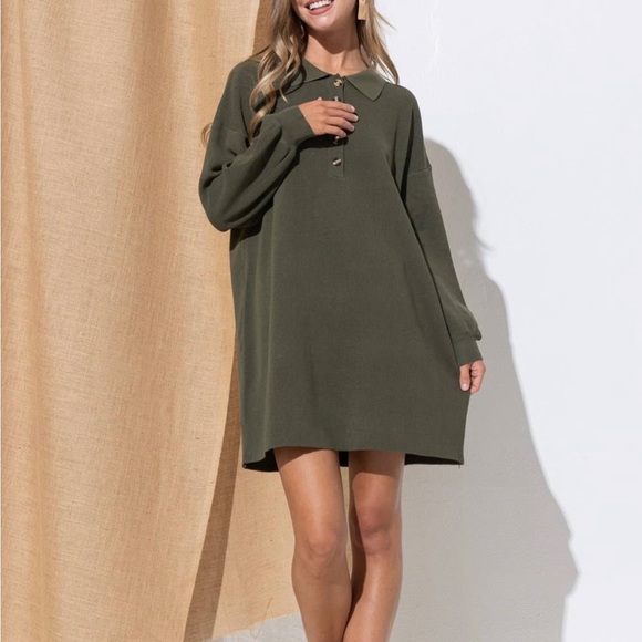 Green Collared Sweater Dress Button Down - Picture 1 of 5